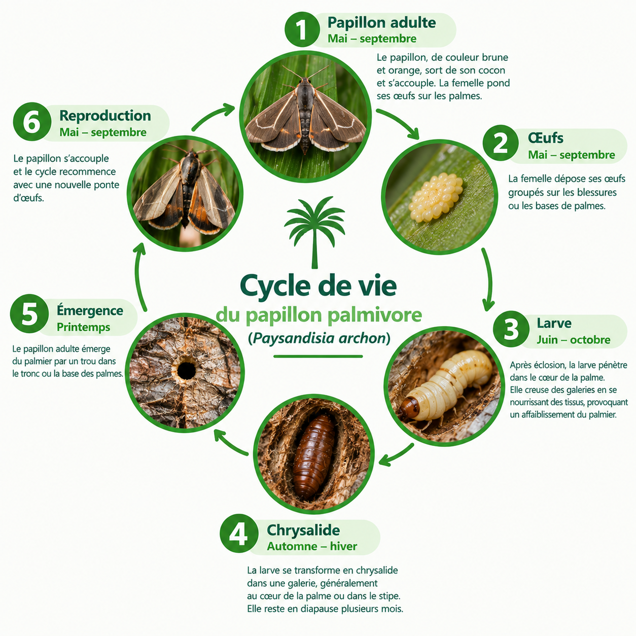 Cycle de vie du papillon palmivore Caveirac